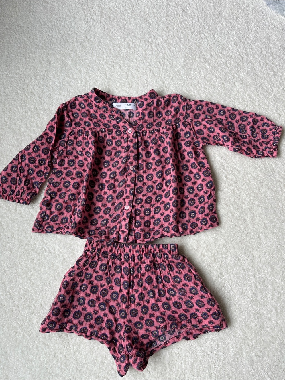 Zara Pink and Black Floral Two-Piece L/S & Short Set